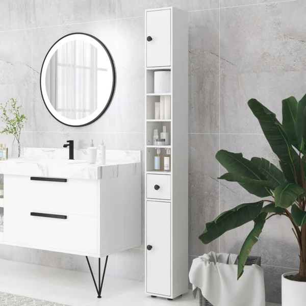 Badkamerkast smal, hoge kast toiletkast met lade en 4 open vakken, badkamerkast voor kleine ruimtes badkamer, woonkamer 20 x 20 x 180 cm wit 2