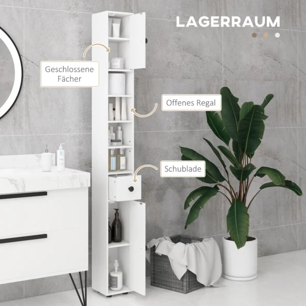 Badkamerkast smal, hoge kast toiletkast met lade en 4 open vakken, badkamerkast voor kleine ruimtes badkamer, woonkamer 20 x 20 x 180 cm wit 5