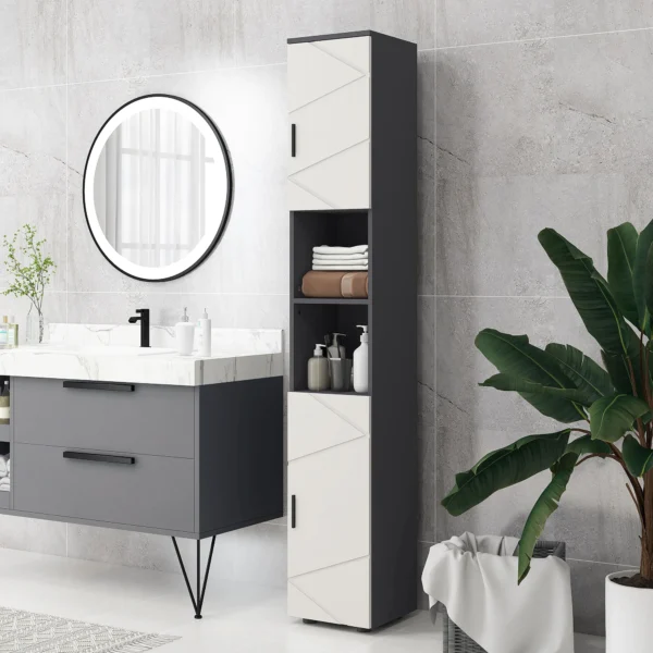 Badkamerkast smal, hoge kast toiletkast met verstelbaar rek en 2 open vakken, badkamerkast voor kleine ruimtes badkamer, woonkamer 30 x 30 x 183 cm grijs 2