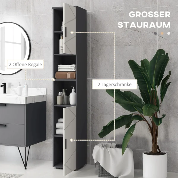 Badkamerkast smal, hoge kast toiletkast met verstelbaar rek en 2 open vakken, badkamerkast voor kleine ruimtes badkamer, woonkamer 30 x 30 x 183 cm grijs 5
