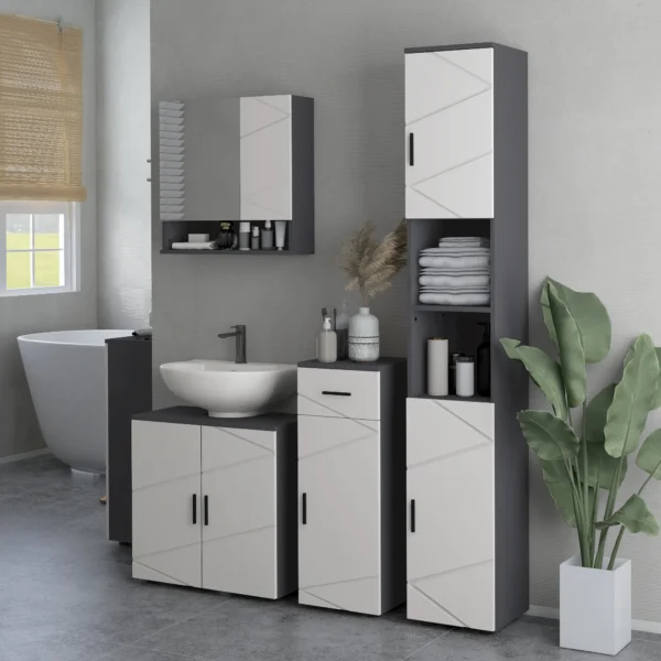 Badkamerkast smal, hoge kast toiletkast met verstelbaar rek en 2 open vakken, badkamerkast voor kleine ruimtes badkamer, woonkamer 30 x 30 x 183 cm grijs 8