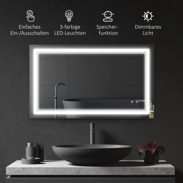 Badkamerspiegel met led verlichting 100x60cm, waterdicht ip44, aanraakschakelaar, 3 lichtkleuren voor moderne badkamer 5