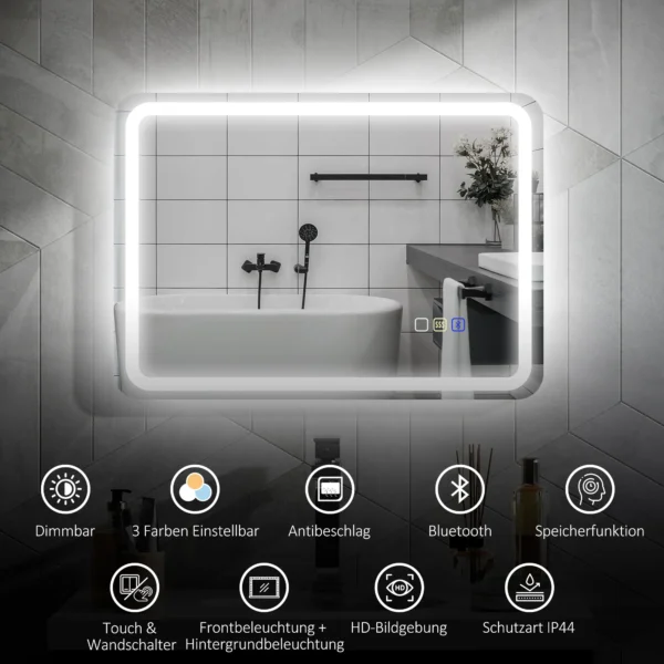 Badkamerspiegel met verlichting 50x70 cm led spiegel wandspiegel met bluetooth muziekfunctie touchschakelaar geheugenfunctie lichtspiegel beschlagvrij met 3 lichtkleuren zilver 5