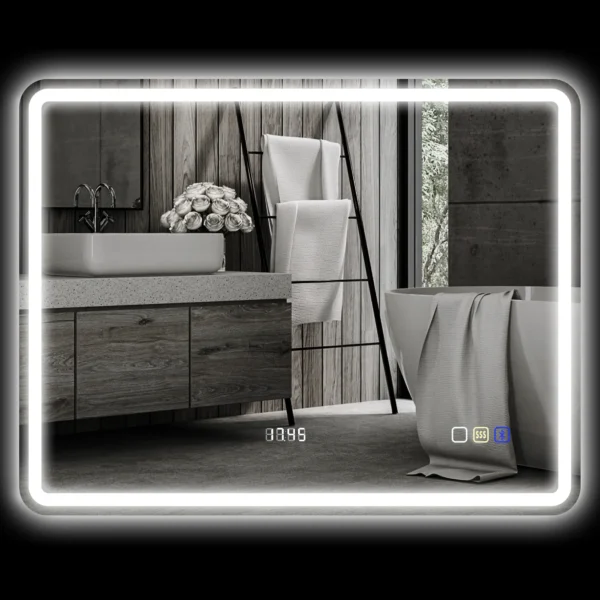 Badkamerspiegel met verlichting 70x90 cm led spiegel wandspiegel met bluetooth muziekfunctie klok touchschakelaar geheugenfunctie lichtspiegel anti condens met 3 lichtkleuren zilver 1