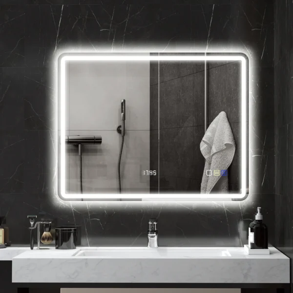 Badkamerspiegel met verlichting 70x90 cm led spiegel wandspiegel met bluetooth muziekfunctie klok touchschakelaar geheugenfunctie lichtspiegel anti condens met 3 lichtkleuren zilver 2