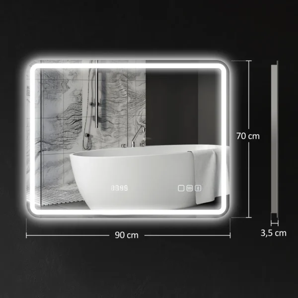 Badkamerspiegel met verlichting 70x90 cm led spiegel wandspiegel met bluetooth muziekfunctie klok touchschakelaar geheugenfunctie lichtspiegel anti condens met 3 lichtkleuren zilver 4