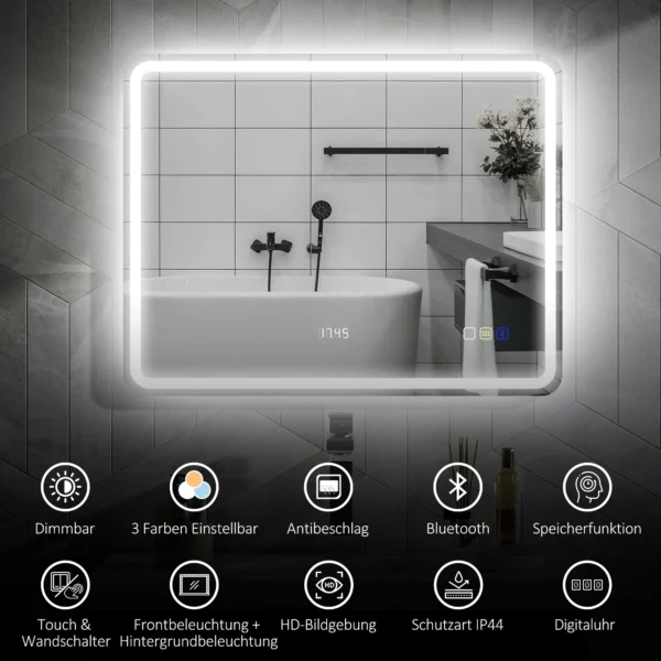 Badkamerspiegel met verlichting 70x90 cm led spiegel wandspiegel met bluetooth muziekfunctie klok touchschakelaar geheugenfunctie lichtspiegel anti condens met 3 lichtkleuren zilver 5