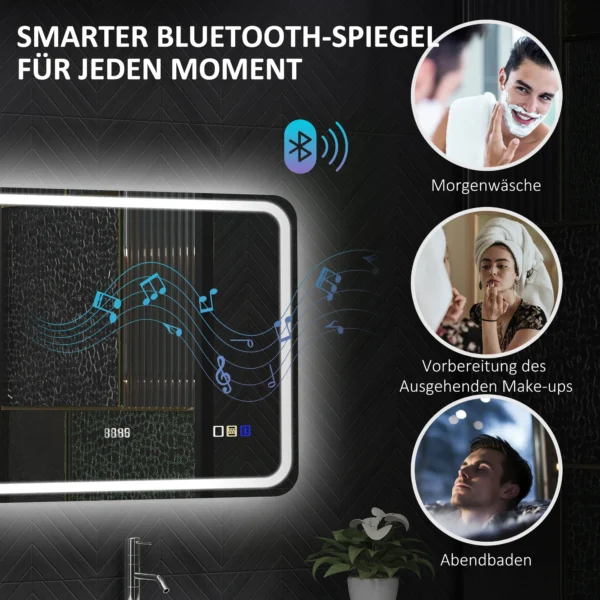 Badkamerspiegel met verlichting 70x90 cm led spiegel wandspiegel met bluetooth muziekfunctie klok touchschakelaar geheugenfunctie lichtspiegel anti condens met 3 lichtkleuren zilver 6
