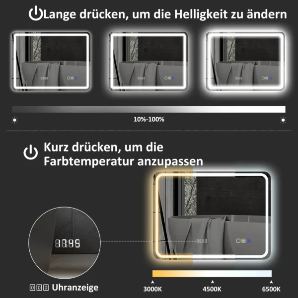 Badkamerspiegel met verlichting 70x90 cm led spiegel wandspiegel met bluetooth muziekfunctie klok touchschakelaar geheugenfunctie lichtspiegel anti condens met 3 lichtkleuren zilver 7