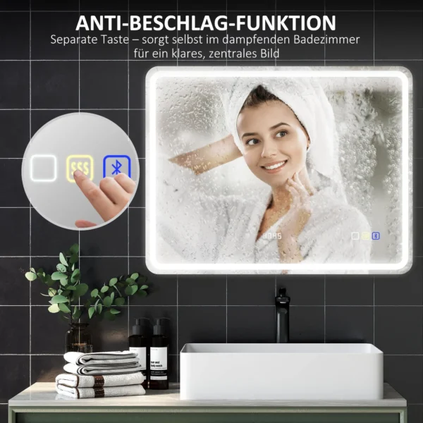 Badkamerspiegel met verlichting 70x90 cm led spiegel wandspiegel met bluetooth muziekfunctie klok touchschakelaar geheugenfunctie lichtspiegel anti condens met 3 lichtkleuren zilver 8