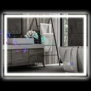 Badkamerspiegel met verlichting 80x60 cm led spiegel wandspiegel met bluetooth muziekfunctie geheugenfunctie klok 3 lichtkleuren condensvrij lichtspiegel met touchschakelaar zilver 1
