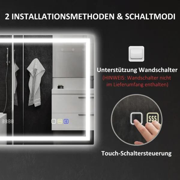 Badkamerspiegel met verlichting 80x60 cm led spiegel wandspiegel met bluetooth muziekfunctie geheugenfunctie klok 3 lichtkleuren condensvrij lichtspiegel met touchschakelaar zilver 10