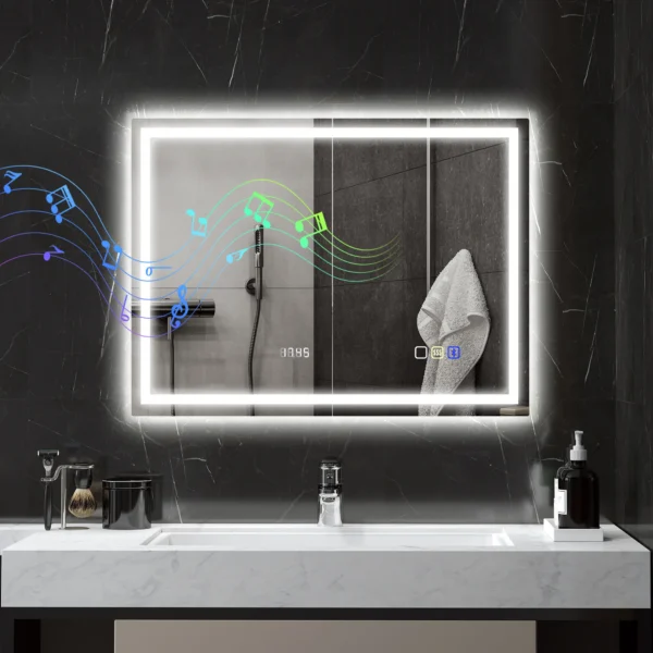 Badkamerspiegel met verlichting 80x60 cm led spiegel wandspiegel met bluetooth muziekfunctie geheugenfunctie klok 3 lichtkleuren condensvrij lichtspiegel met touchschakelaar zilver 2