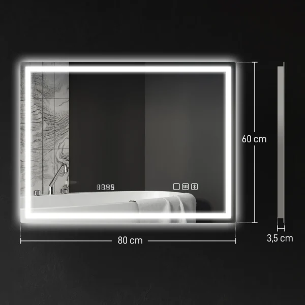 Badkamerspiegel met verlichting 80x60 cm led spiegel wandspiegel met bluetooth muziekfunctie geheugenfunctie klok 3 lichtkleuren condensvrij lichtspiegel met touchschakelaar zilver 4