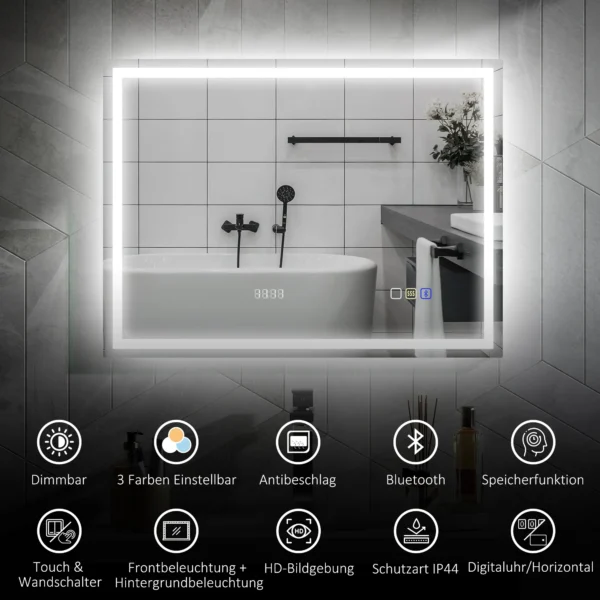 Badkamerspiegel met verlichting 80x60 cm led spiegel wandspiegel met bluetooth muziekfunctie geheugenfunctie klok 3 lichtkleuren condensvrij lichtspiegel met touchschakelaar zilver 5