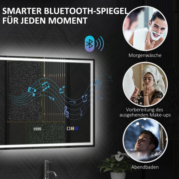 Badkamerspiegel met verlichting 80x60 cm led spiegel wandspiegel met bluetooth muziekfunctie geheugenfunctie klok 3 lichtkleuren condensvrij lichtspiegel met touchschakelaar zilver 6