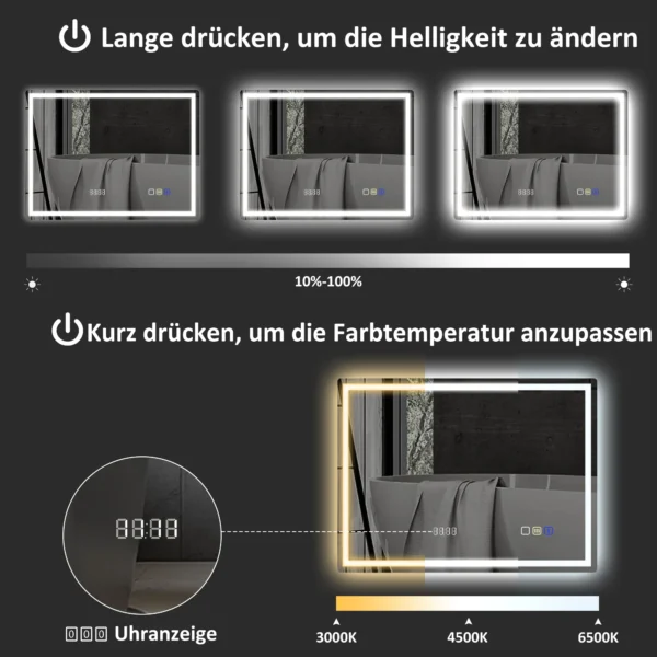 Badkamerspiegel met verlichting 80x60 cm led spiegel wandspiegel met bluetooth muziekfunctie geheugenfunctie klok 3 lichtkleuren condensvrij lichtspiegel met touchschakelaar zilver 7