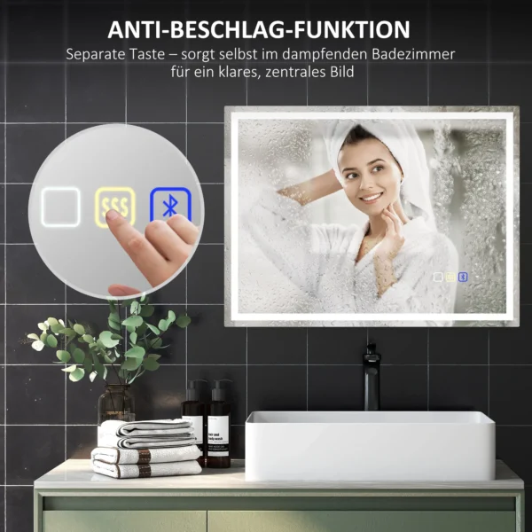 Badkamerspiegel met verlichting 80x60 cm led spiegel wandspiegel met bluetooth muziekfunctie geheugenfunctie klok 3 lichtkleuren condensvrij lichtspiegel met touchschakelaar zilver 8