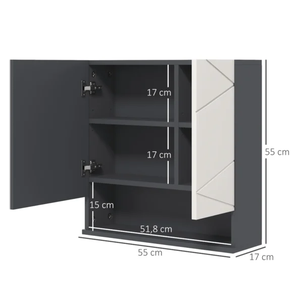 Badkamerspiegelkast, badkamerschrank met spiegel, hangkast met verstelbare plank, open vak, anti condens functie, wandkast 55x17x55cm grijs 4