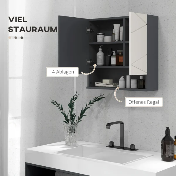 Badkamerspiegelkast, badkamerschrank met spiegel, hangkast met verstelbare plank, open vak, anti condens functie, wandkast 55x17x55cm grijs 5
