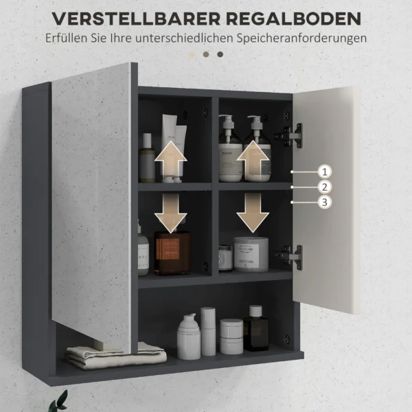 Badkamerspiegelkast, badkamerschrank met spiegel, hangkast met verstelbare plank, open vak, anti condens functie, wandkast 55x17x55cm grijs 6
