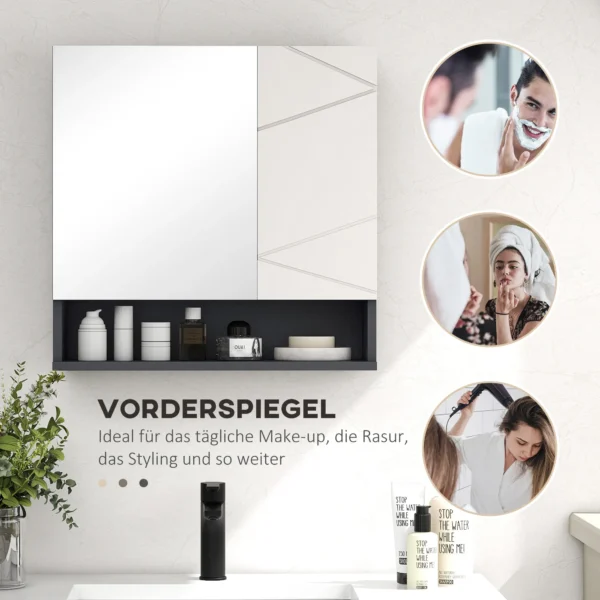 Badkamerspiegelkast, badkamerschrank met spiegel, hangkast met verstelbare plank, open vak, anti condens functie, wandkast 55x17x55cm grijs 7