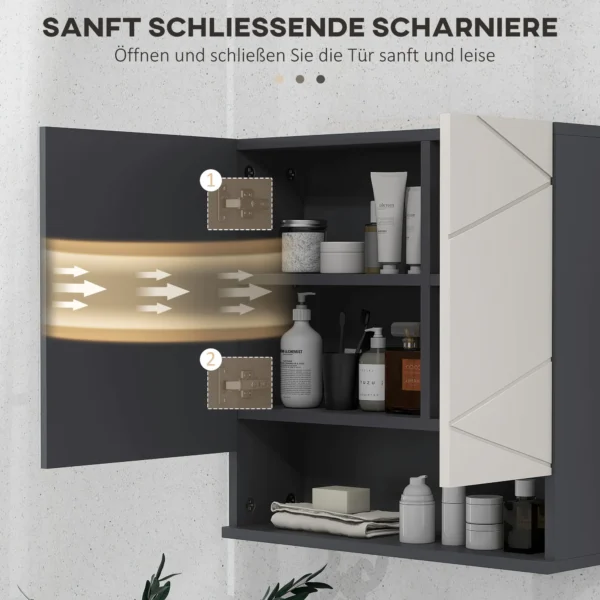 Badkamerspiegelkast, badkamerschrank met spiegel, hangkast met verstelbare plank, open vak, anti condens functie, wandkast 55x17x55cm grijs 8