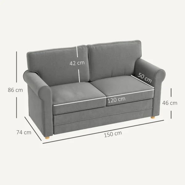 Bank 2 zitterbank met armleuning dik gestoffeerd dubbelbank modern gestoffeerde bank met s veer, linnenlook, houten poten voor slaapkamer woonkamer, 150 x 74 x 86 cm, donkergrijs 4
