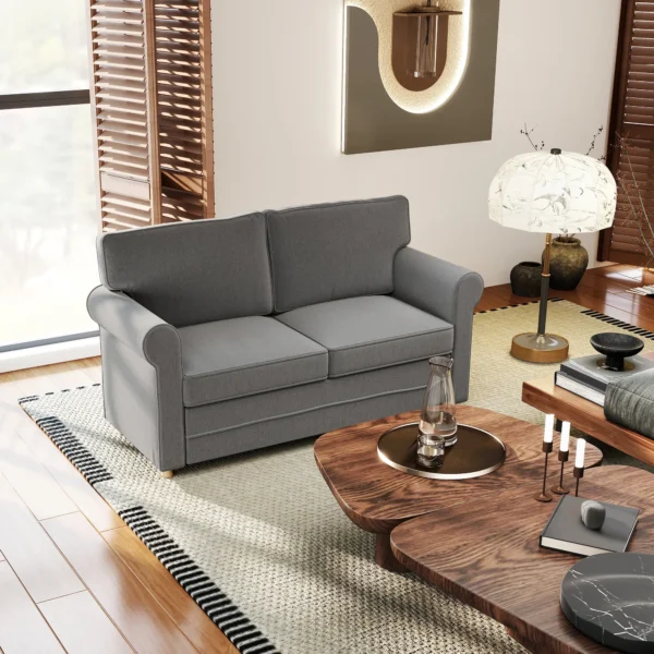 Bank 2 zitterbank met armleuning dik gestoffeerd dubbelbank modern gestoffeerde bank met s veer, linnenlook, houten poten voor slaapkamer woonkamer, 150 x 74 x 86 cm, donkergrijs 9