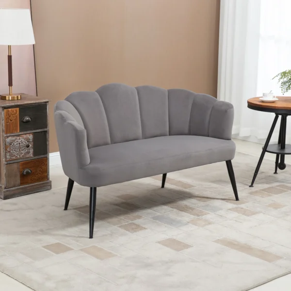 Bank voor 2 personen 132 cm bank met armleuning, schelpvormige rugleuning, klein gestoffeerde bank moderne tweezitsbank met fluwelen look, metalen poten voor woonkamer, slaapkamer grijs 2