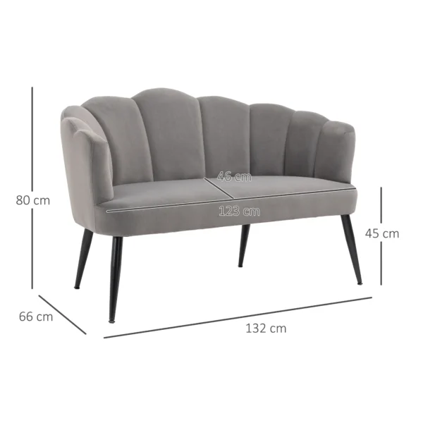 Bank voor 2 personen 132 cm bank met armleuning, schelpvormige rugleuning, klein gestoffeerde bank moderne tweezitsbank met fluwelen look, metalen poten voor woonkamer, slaapkamer grijs 4