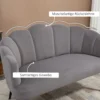 Bank voor 2 personen 132 cm bank met armleuning, schelpvormige rugleuning, klein gestoffeerde bank moderne tweezitsbank met fluwelen look, metalen poten voor woonkamer, slaapkamer grijs 5