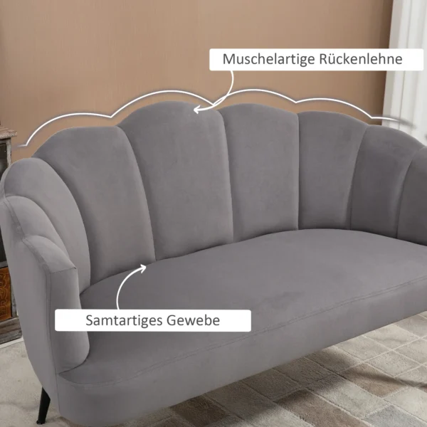 Bank voor 2 personen 132 cm bank met armleuning, schelpvormige rugleuning, klein gestoffeerde bank moderne tweezitsbank met fluwelen look, metalen poten voor woonkamer, slaapkamer grijs 5