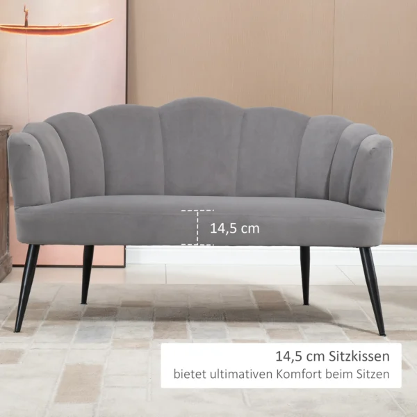 Bank voor 2 personen 132 cm bank met armleuning, schelpvormige rugleuning, klein gestoffeerde bank moderne tweezitsbank met fluwelen look, metalen poten voor woonkamer, slaapkamer grijs 6