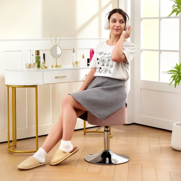 Barkruk, gestoffeerde barkruk met metalen frame, koordlook, verstelbare hoogte keukenstoel met voetensteun 360° draaibare toonbankkruk voor keuken, woonkamer, eetkamer roze 8