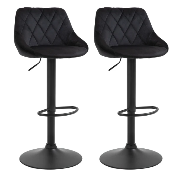 Barkrukken 2 delig set verstelbare hoogte zwart bistrokrukken met voetsteun & rugleuning van fluweel & metaal 46x48x83 104cm 1