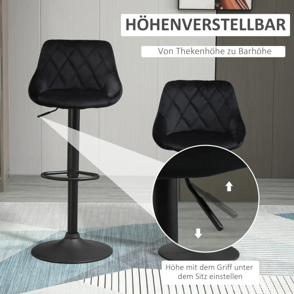 Barkrukken 2 delig set verstelbare hoogte zwart bistrokrukken met voetsteun & rugleuning van fluweel & metaal 46x48x83 104cm 5