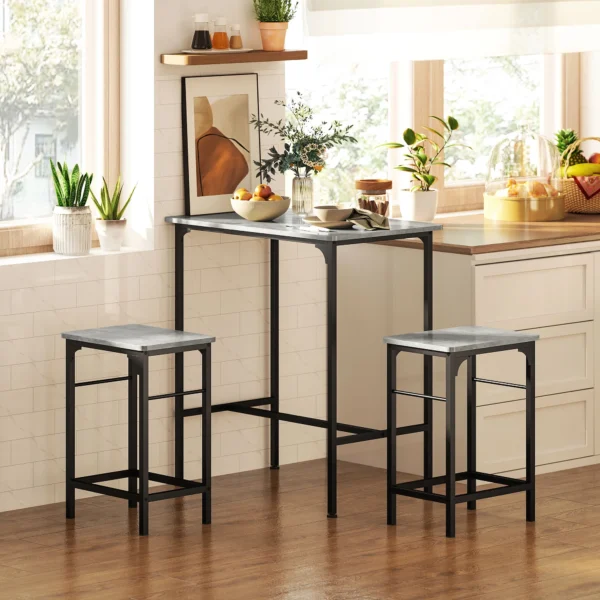 Bartafel set bartafel met barstoel set eettafel met 2 stoelen met antislip voetkussen keukentafel voor eetkamer, keuken, grijs 2