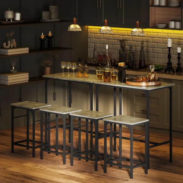 Bartafel set bartafel met barstoel set eettafel met 2 stoelen met antislip voetkussen keukentafel voor eetkamer, keuken, grijs 8