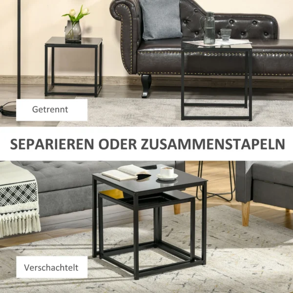 Bijzettafel 2 delige set salontafelset koffietafel met glazen tafelblad vierkante banktafel van staal zwart voor woonkamer 5