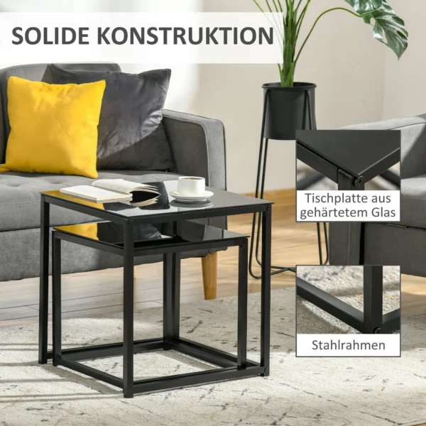 Bijzettafel 2 delige set salontafelset koffietafel met glazen tafelblad vierkante banktafel van staal zwart voor woonkamer 6