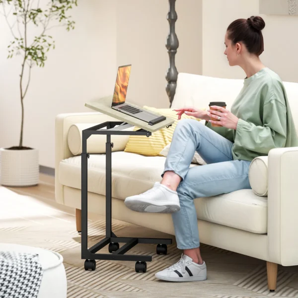 Bijzettafel in c vorm, hoogteverstelbare salontafel met wielen, sofatafel laptop tafel voor kleine ruimtes, woonkamer, 55 x 36 x 62,5 82,5 cm, wit 2
