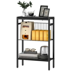 Bijzettafel kleine salontafel met 2 planken, nachtkastje sofatafel met stalen frame voor woonkamer, slaapkamer, zwart 1