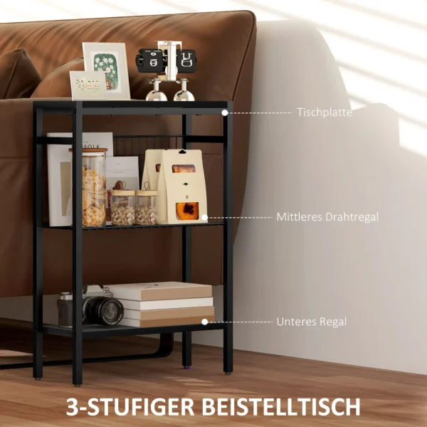 Bijzettafel kleine salontafel met 2 planken, nachtkastje sofatafel met stalen frame voor woonkamer, slaapkamer, zwart 5
