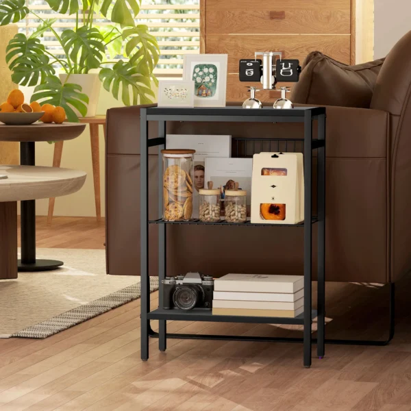 Bijzettafel kleine salontafel met 2 planken, nachtkastje sofatafel met stalen frame voor woonkamer, slaapkamer, zwart 8