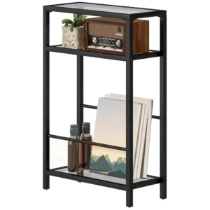 Bijzettafel kleine salontafel met 3 niveaus, tafelblad van gehard glas, moderne nachtkastje sofatafel met stalen frame voor woonkamer, slaapkamer, zwart 1