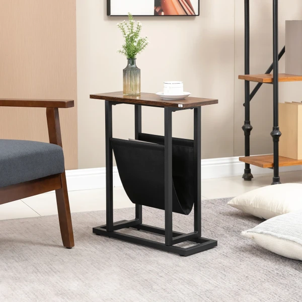Bijzettafel salontafel met stoffen tas & stalen frame, nachtkastje voor slaapkamer of woonkamer, donkerbruin en zwart 2