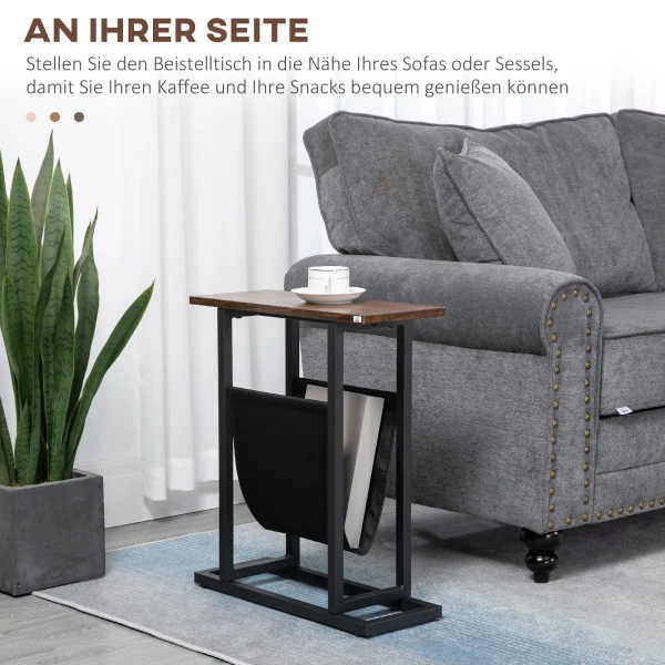 Bijzettafel salontafel met stoffen tas & stalen frame, nachtkastje voor slaapkamer of woonkamer, donkerbruin en zwart 5