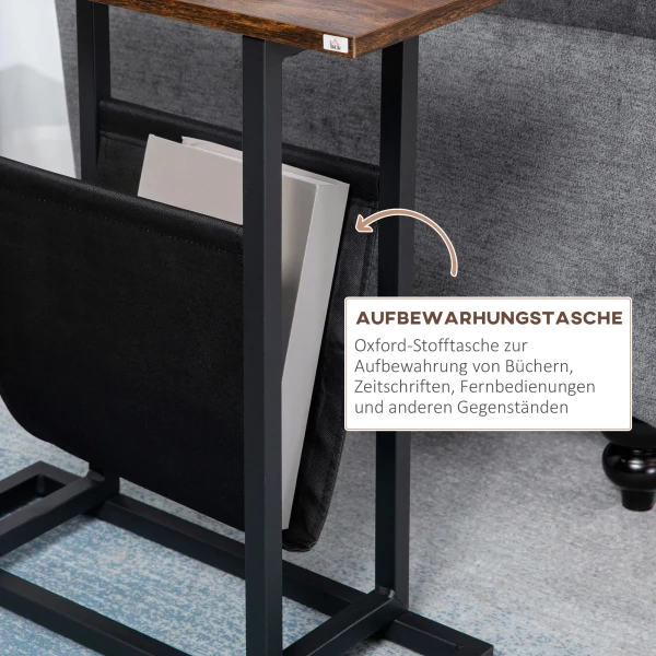 Bijzettafel salontafel met stoffen tas & stalen frame, nachtkastje voor slaapkamer of woonkamer, donkerbruin en zwart 6