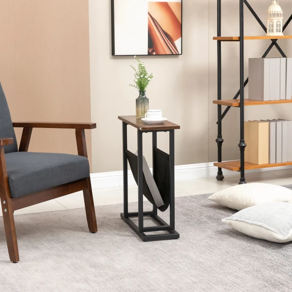 Bijzettafel salontafel met stoffen tas & stalen frame, nachtkastje voor slaapkamer of woonkamer, donkerbruin en zwart 8
